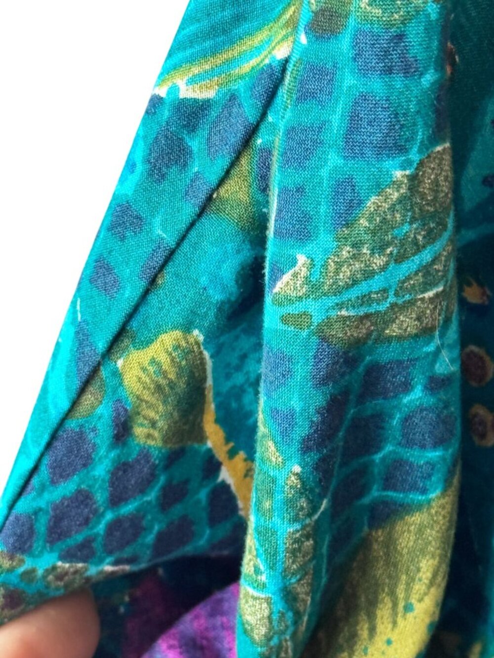 Vintage 80s Melissa Teal Abstract Tropical Print Midi Dress Pockets - Large - Picture 4 of 10